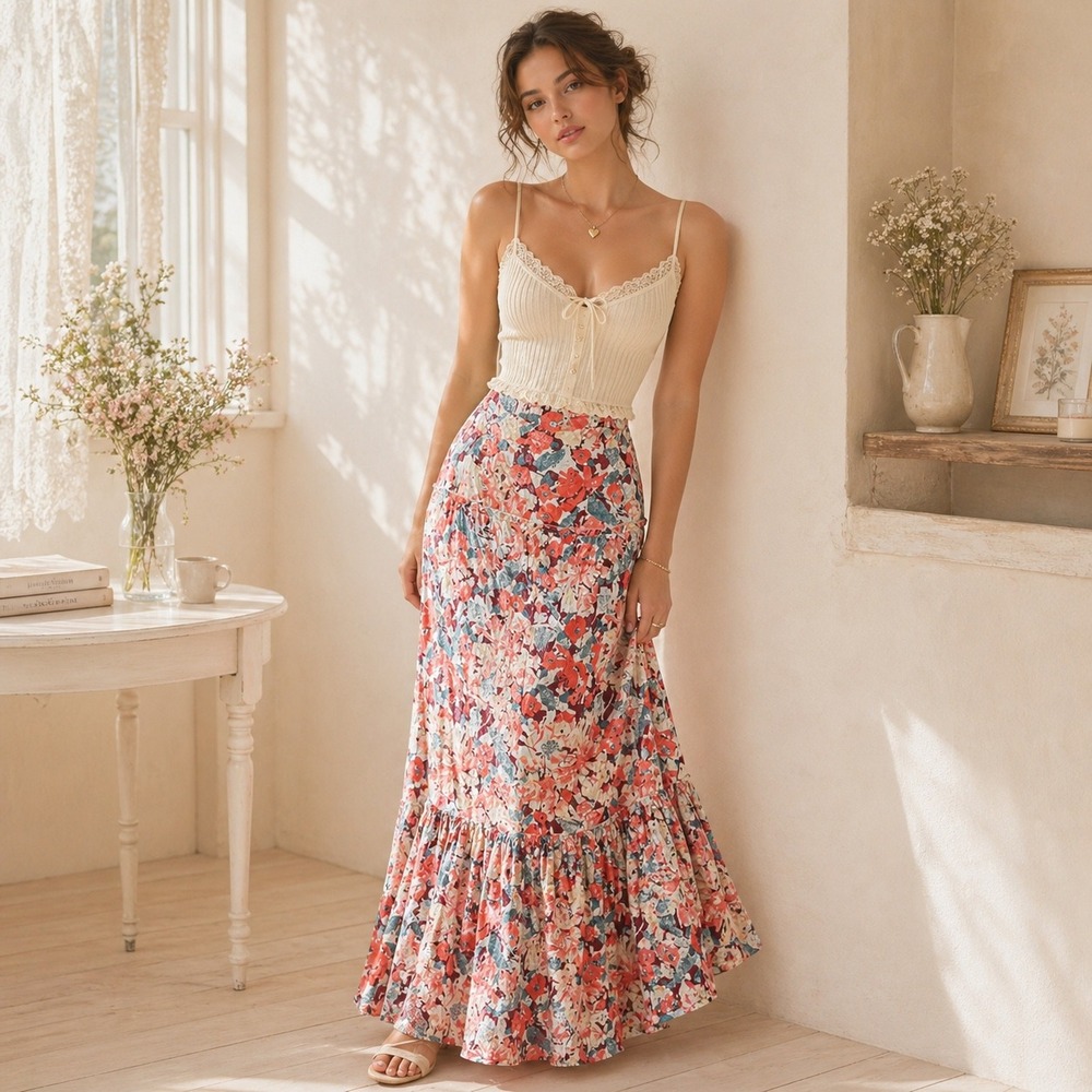 Luna Moon Floral Maxi Skirt Coral Teal Tiered Ruffle Eyelet Boho Women M